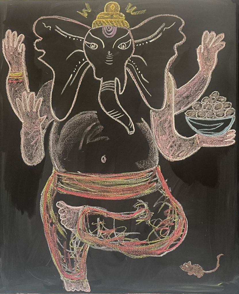 A chalkboard drawing of Ganesha, from the Class 5 ancient India main lesson