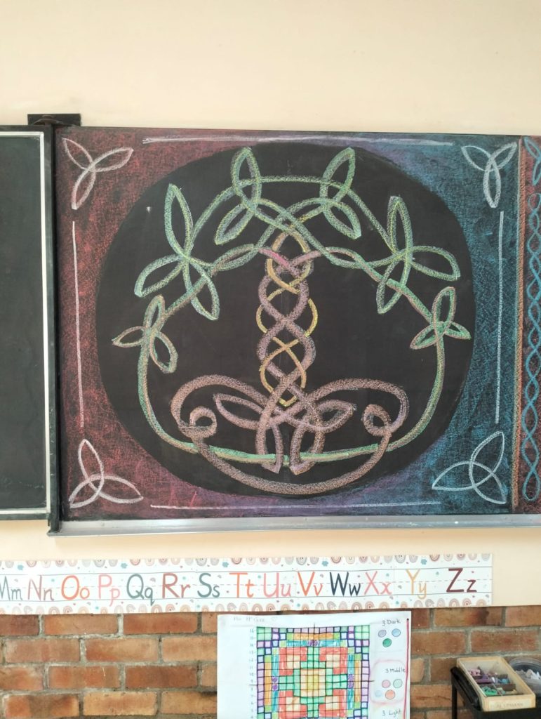 A Class 4 chalkboard drawing of Yggdrasil in Norse knotwork