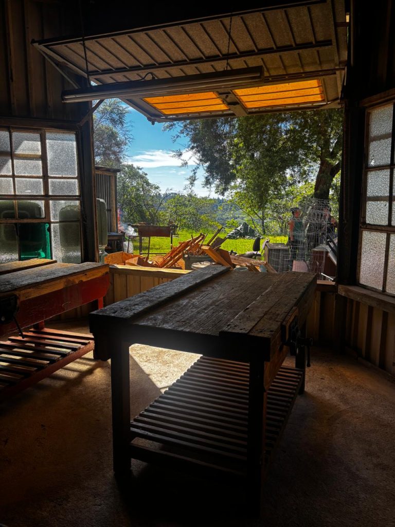 A sturdy wooden workbench in the school woodwork shop, looking out over the grounds
