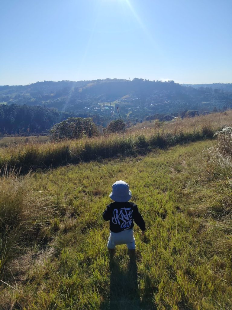 A young child in a sunhat walking through the long grass towards the hills