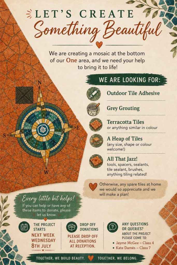 The poster inviting families to help create the mosaic